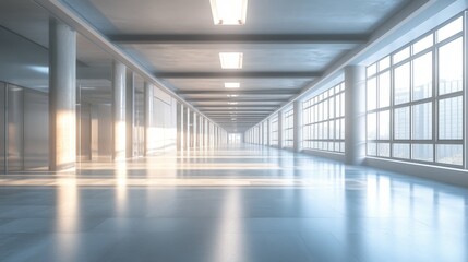 Obraz premium Modern, bright hallway with columns and large windows.