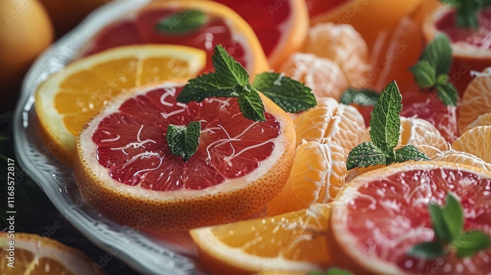 Poster sliced oranges and grapefruits with shaved fennel and mint.