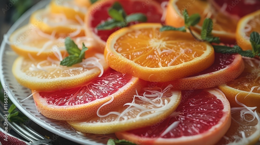 Poster sliced oranges and grapefruits with shaved fennel and mint.