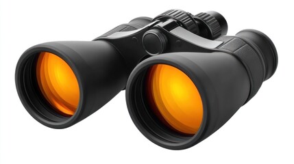 Black binoculars with orange lenses isolated on white background.