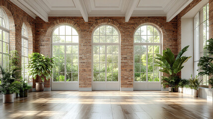 Trójwymiarowa wizualizacja pustego pomieszczenia, tło dla projektu wnętrza, duże okna z dużą ilością światła, tło generative ai 