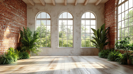 Obraz premium Trójwymiarowa wizualizacja pustego pomieszczenia, tło dla projektu wnętrza, duże okna z dużą ilością światła, tło generative ai 