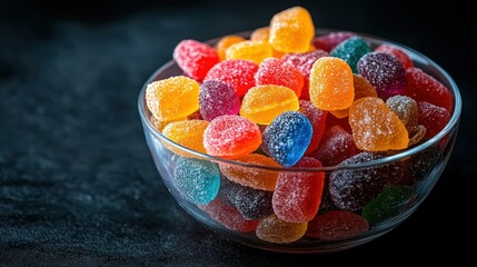 A colorful assortment of gummy candies in a clear bowl against a dark background.