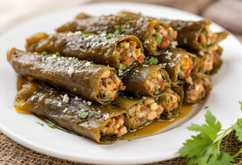 Stuffed grape leaves with herbs, served on a plate