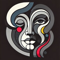 A stylized, minimalist geometric portrait of a woman's face composed of curved shapes