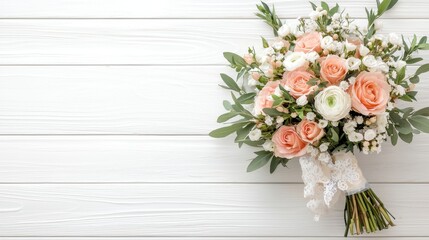 Delicate Wedding Bouquet Featuring Soft Peach Roses, White Ranunculus, and Greenery on White Wooden Background