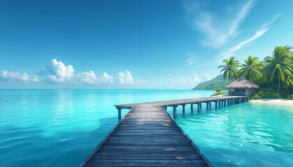 Fototapeta premium a tropical beach on a small island, a wooden path leads to a house and palm trees, a beautiful ocean and bright sunlight, yellow sand and blue waves, beautiful nature for relaxation