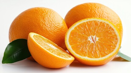 Two whole oranges, one halved orange, and one orange segment with green leaves on a white background.