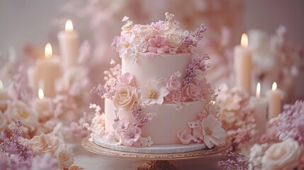 Two-tiered pastel wedding cake adorned with sugar flowers and surrounded by candles.