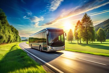 Obraz premium Eco-Friendly Electric Bus on Scenic Route: Sustainable Transportation Stock Photo
