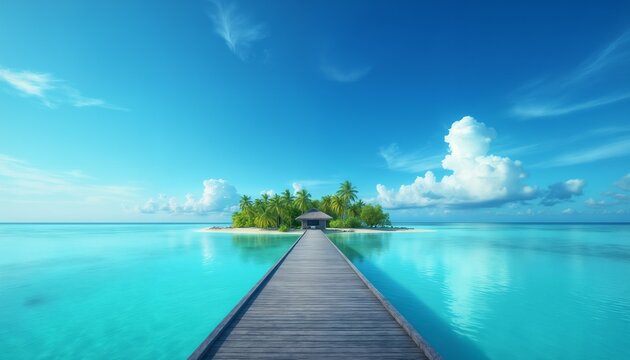 a tropical beach on a small island, a wooden path leads to a house and palm trees, a beautiful ocean and bright sunlight, yellow sand and blue waves, beautiful nature for relaxation