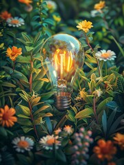 An illustration of a light bulb filled with green plants and leaves.