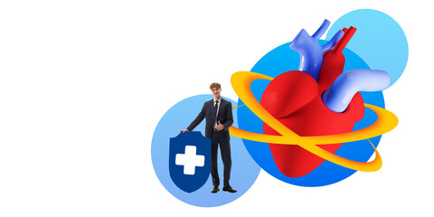 Businessman with shield standing next to heart encircled by orbit rings, representing advanced heart care, medical insurance and protection. Contemporary art collage. Concept of medicine, treatment