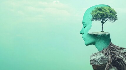 Female Profile Silhouette with Tree and Roots on Calm Aquatic Background