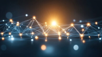 digital technology scene with radiant blue and orange lights connected by lines, creating network effect. glowing nodes and lines suggest futuristic and dynamic environment
