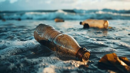 Plastic bottles in the sea. Recycle, environmental contamination, pollution problem, ecology concept