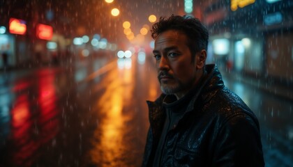 Obraz premium portrait of a man on the street of a night city, it's raining, street lights are reflected, raindrops, gloomy surroundings at dusk