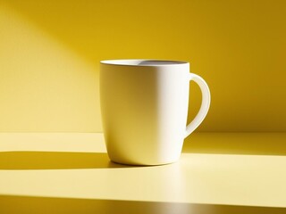 White mug mockup on a yellow background.