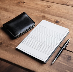 wallet, copybook and pen on wooden table