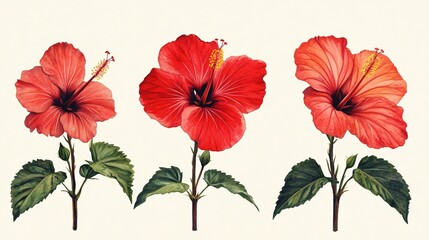 Vibrant Red Hibiscus Blossoms with Lush Green Leaves on Textured Background