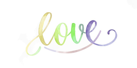 Obraz premium Watercolor love design, soft pastel colors, artistic lettering, romantic decor, modern typography, wall art.