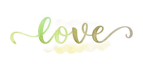 Watercolor love design, soft green tones, artistic lettering, romantic theme, decorative wall art.