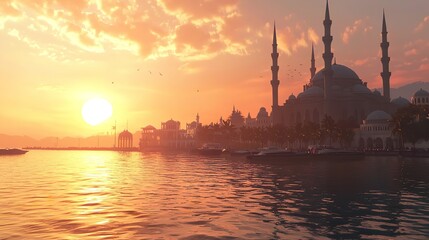 Fototapeta premium Mosque at sunrise.AI generated