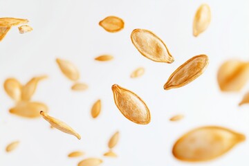 Roasted pumpkin seeds falling on white background.