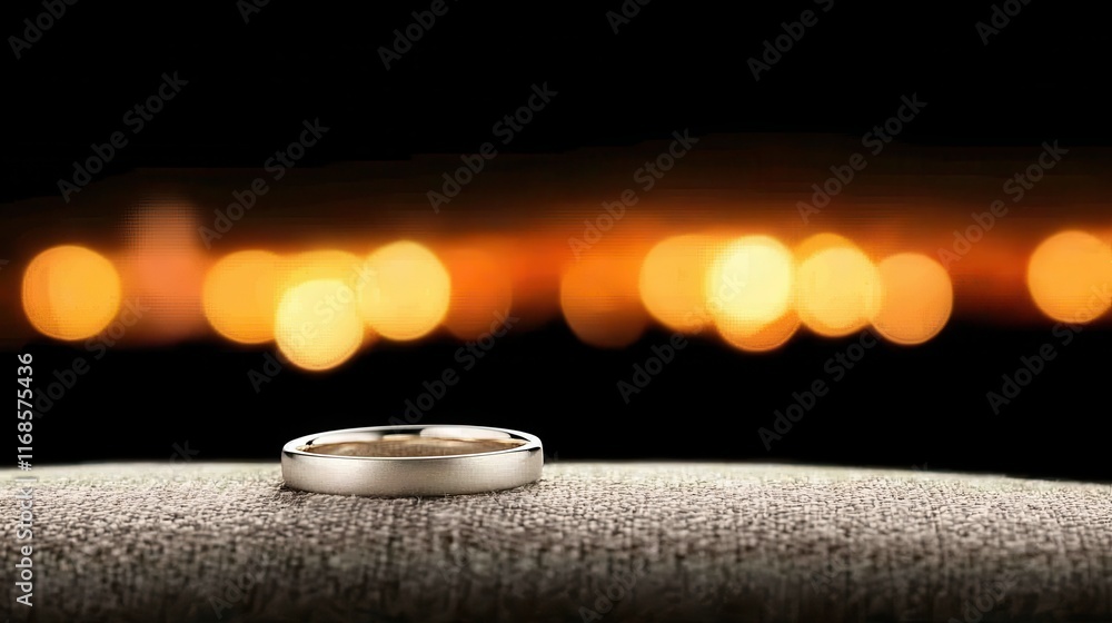 Poster elegant silver ring on soft fabric with blurred warm bokeh background and subtle light reflections