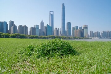 Obraz premium Lush Green Grass with Urban Skyline and Skyscrapers under Clear Blue Sky