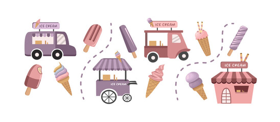 Ice cream element. Food truck. Ice cream store. Ice cream cone. Dessert food. Gelato.