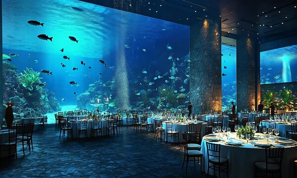 Elegant underwater dining experience in an aquarium setting, featuring round tables, shimmering lights, and a vibrant marine ecosystem in the background