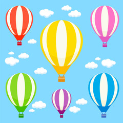 Colorful air balloons in the sky traveling in the air. Happy hot air balloons of various colors fly in the sky. Set of various colored air balloons flight in the blue sky with clouds. Vector image