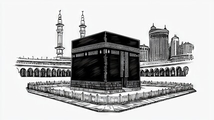 Fototapeta premium Simple Black and White Drawing of Kaaba in Mecca, Minimalistic Ink Sketch