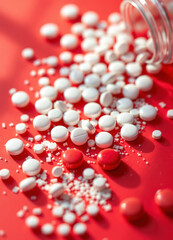 White and red pills on a red background