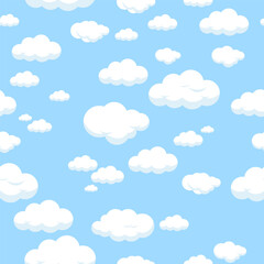 Seamless pattern with pretty cute fluffy clouds in the sky. Beautiful day background with happy white clouds fly in the blue sky. Vector illustration