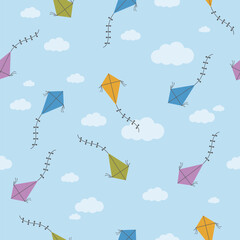 Seamless pattern with pretty cute colorful kites and clouds in the sky. Background with happy kites of various colors fly in the blue sky. Vector illustration