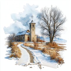 A snowy pathway leading to a historic stone church in a winter landscape.