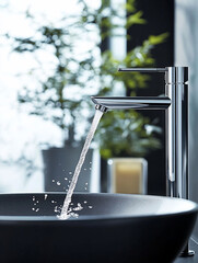 Modern chrome faucet pouring water into a dark basin.