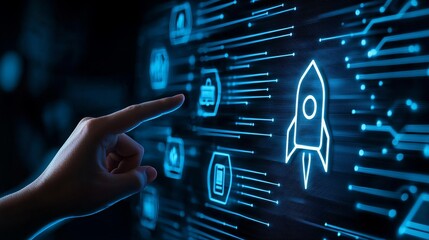 Launching a startup with hand interacting with a digital rocket icon on a futuristic interface, symbolizing innovation, entrepreneurship, and technology-driven business growth