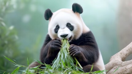 Fototapeta premium A panda munching on bamboo in a serene, natural setting.
