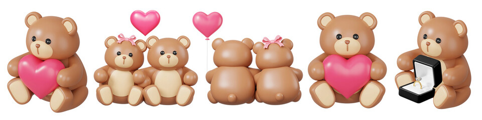 PNG Cute teddy bears with hearts, element set on transparent background