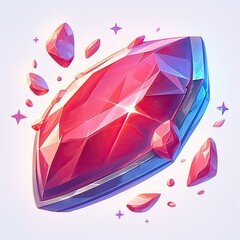 A vibrant digital illustration of a sparkling red gemstone with intricate facets, glowing with light reflections. Surrounded by smaller floating fragments, set against a clean white background for a s