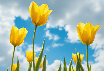Fototapeta premium Yellow tulips against a blue sky with clouds