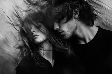 Artistic Portrait of a Couple With Windswept Hair in Monochrome