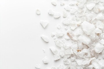 White coarse sea salt crystals scattered on white background.