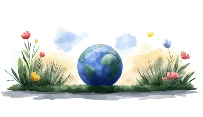 Cartoon illustration of Earth surrounded by grass and flowers on white background