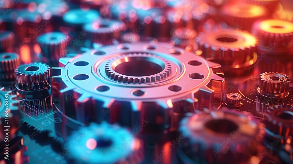 Poster abstract representation of global finance with interlocking digital gears, vibrant colors.