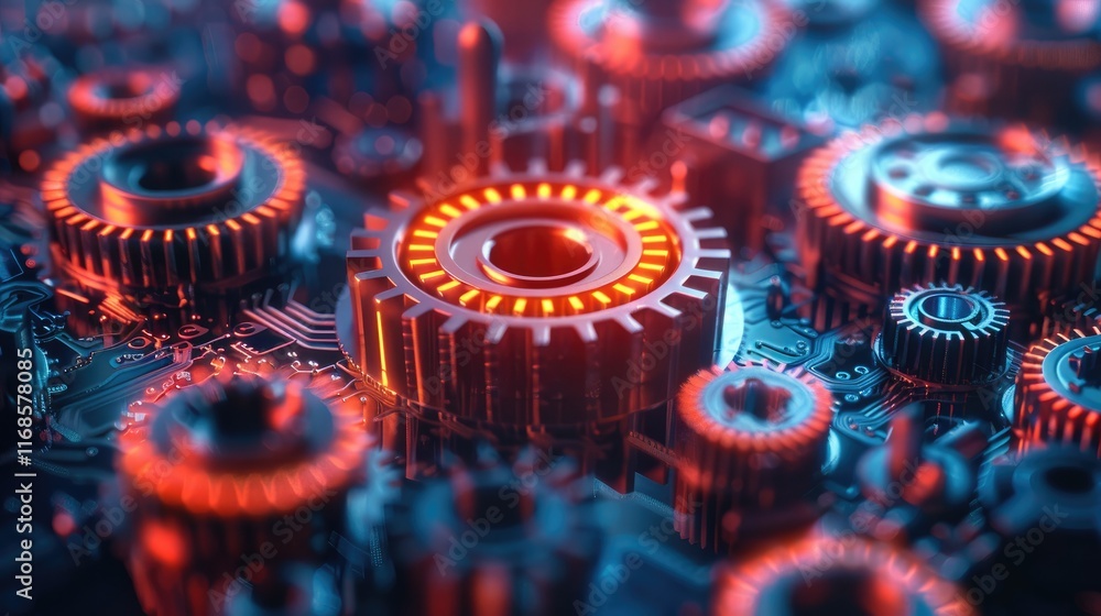 Poster abstract representation of global finance with interlocking digital gears, vibrant colors.