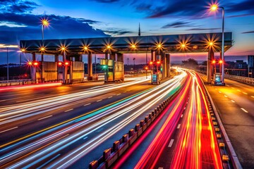 Long Exposure Car Traffic Blurred Paying Toll Booth Highway